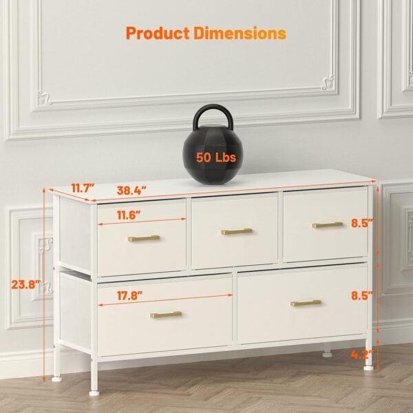 Dresser for Bedroom with 5 Drawers, White Dresser for Closet, Living Room, TV Stand, Nursery, Chest of Drawers with Sturdy Steel Frame, Leather Finish, Wood Top (Glacier White) - Image 3