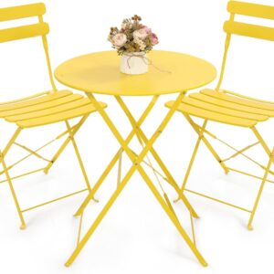 Kromax Outdoor Patio Bistro Set, Folding Bistro Table and Chairs Set, 3 Piece Folding Patio Furniture Set, Space Saving, Yellow