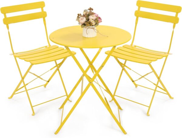 Kromax Outdoor Patio Bistro Set, Folding Bistro Table and Chairs Set, 3 Piece Folding Patio Furniture Set, Space Saving, Yellow