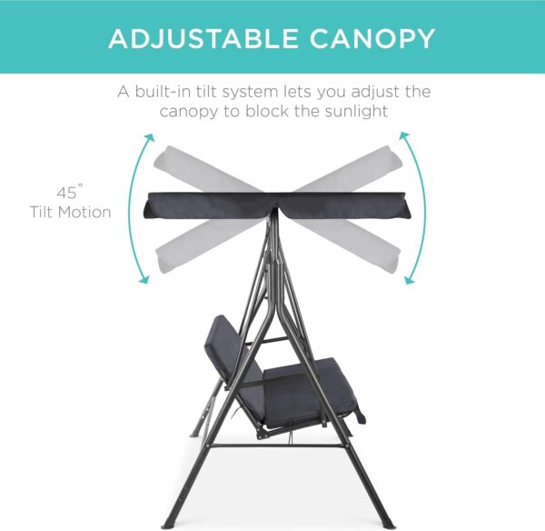 Best Choice Products 2-Person Outdoor Patio Swing Chair, Hanging Glider Porch Bench for Garden, Poolside, Backyard w/Convertible Canopy, Adjustable Shade, Removable Cushions - Gray - Image 3
