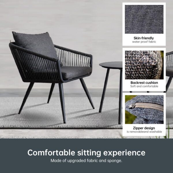 3 Piece Patio Furniture Set, Outdoor Bistro Set Aluminum Wicker Chairs and Coffee Table with Cushions and Pillows, Rattan Conversation Set Outdoor Furniture for Balcony, Porch, Garden, Yard-Grey - Image 2