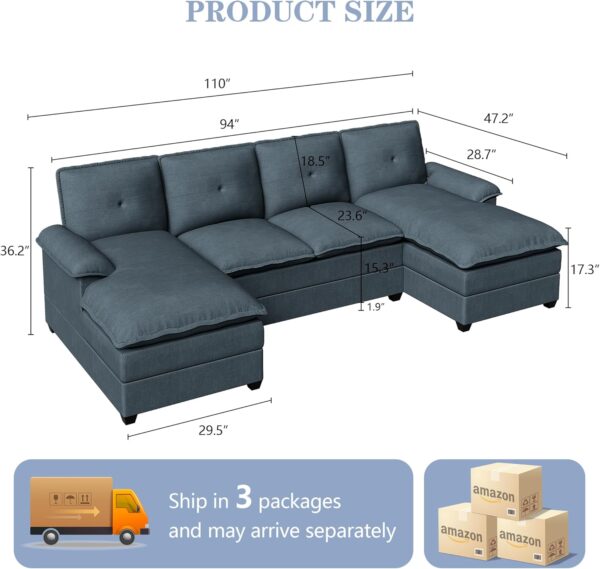 Shintenchi 110" Modular Sectional Couches for Living Room, U-Shaped Sofa Couch with Double Chaise, 4 Seat Sofa Sets with Thick Cushion & Soft Backrest, Dark Grey - Image 2
