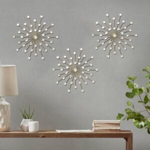 ZEXUIRU 3 Set Gold Metal Jeweled Wall Art Bling Crystal Home Décor Star Sun Rhinestone Wall Hanging Diamond Accents