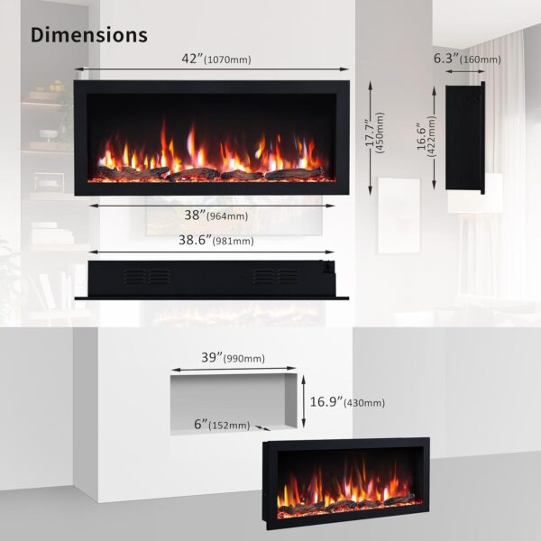 PuraFlame Bernice 42 Inch Smart Linear Electric Fireplace - Clean Hidden Vent Design, Flame with 9 Colors, Recessed in-Wall or Wall-Mount or Free Standing, Compatible with Alexa and Google Assistant - Image 4