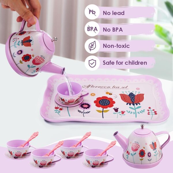 MAMPO 46PCS Tea Set for Little Girls, Princess Tea Time Pretend Kitchen Toy with Biscuits, Teapot, Cake, Dessert, Carrying Case, Donut for Kids Girls Boys - Image 4
