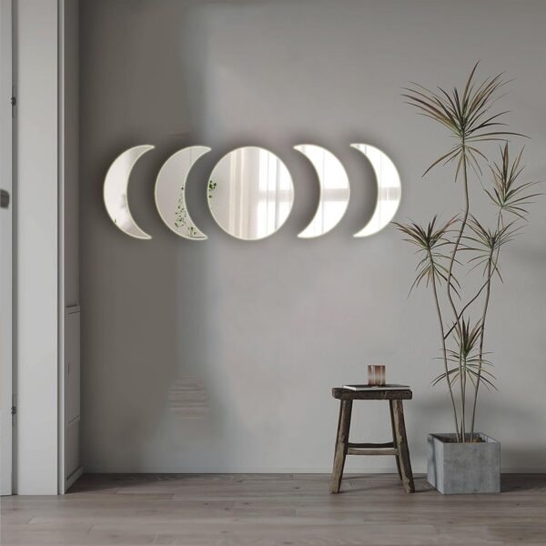 5 Pieces Acrylic Mirror Wall Stickers Natural Wall Decor Self Adhesive Mirrors Stickers Moon Phase Mirror Bohemian Wall Decoration for Home Living Room Bathroom Bedroom Decor (15cm) - Image 6