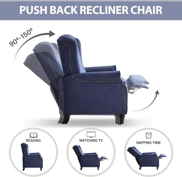 Bonzy Home Living Room Chair, Push Back Recliner Chair, Mid Century Modern Wingback Chair, Comfy Fabric Arm Chair with Rivet Decoration, Button-Tufted Back, Solid Wood Legs, Blue - Image 3