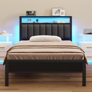 Furnulem Twin Size Bed Frame with Charging Station and LED Lights, Platform Bed with Metal Slats, Grey Upholstered Headboard with 2-Tier Storage Shelves, No Box Spring Needed