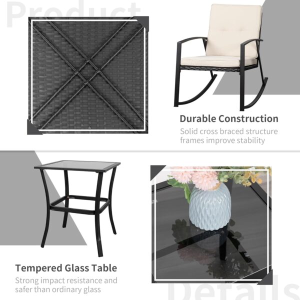Shintenchi 3 Pieces Rocking Bistro Set Wicker Patio Outdoor Furniture, 2 Rattan Porch Chairs Conversation Sets with Glass Coffee Table (Beige) - Image 4