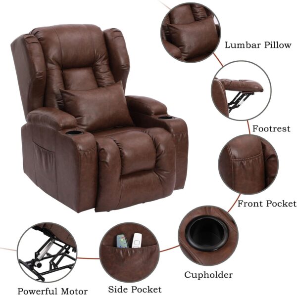 BINGTOO Power Lift Recliner Chair with Massage and Heat for Elderly, Leather Electric Recliner Heated Vibration Massage Sofa Living Room Chair with Cupholder, USB Port, Remote Control, Side Pockets - Image 6