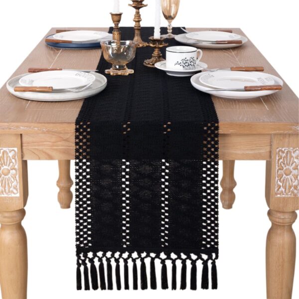 Socomi Fall Boho Table Runner Macrame 36 Inches Woven Cotton Linen Rustic Table Runner with Handmade Tassels for Home Decor Dining Room Fall Thanksgiving Christmas 12x36 inches Black - Image 5