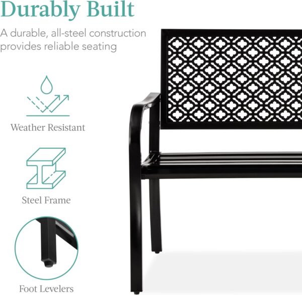 Best Choice Products Outdoor Bench 2-Person Metal Steel Benches Furniture for Garden, Patio, Porch, Entryway w/Geometric Backrest, 790lb Capacity – Black - Image 3