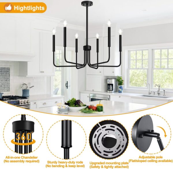 Black Chandelier, 6-Light Farmhouse Chandelier for Dining Room Lighting Fixtures Hanging, Dining Light Fixtures Industrial Modern Chandelier for Bedroom, Foyer, Hall, Kitchen, Living Room and Entryway - Image 4