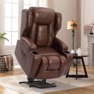 BINGTOO Power Lift Recliner Chair with Massage and Heat for Elderly, Leather Electric Recliner Heated Vibration Massage Sofa Living Room Chair with Cupholder, USB Port, Remote Control, Side Pockets