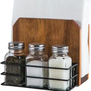 Napkin Salt and Pepper Holder, Acacia Wooden Napkin Holder For Table With Salt and Pepper Shakers Caddy,Farmhouse Napkin Holder With Metal Stand for Kitchen Dining Room Decor 6.1x5.2x5.5
