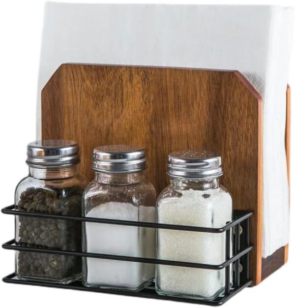 Napkin Salt and Pepper Holder, Acacia Wooden Napkin Holder For Table With Salt and Pepper Shakers Caddy,Farmhouse Napkin Holder With Metal Stand for Kitchen Dining Room Decor 6.1x5.2x5.5