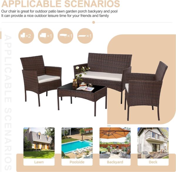 Shintenchi 4 Piece Outdoor Patio Furniture Sets, Small Wicker Patio Conversation Furniture Rattan Chair Set with Tempered Glass Coffee Table for Backyard Porch Garden Poolside Balcony - Image 2
