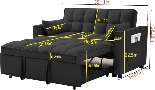 MMTGO 3 in 1 Velvet Convertible Sleeper Sofa Bed, w/Pullout Bed, Reclining Backrest,Toss Pillows, Pockets, Small Loveseat Lounge Couch, Furniture for Living Room - Image 2