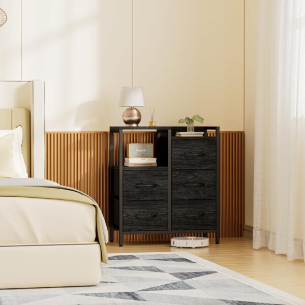 Furnulem 5 Drawer Black Dressers for Bedroom 2 Tier Shelf Storage Small Fabric Dresser for Closet Sturdy Metal Frame Modern Dresser Bedroom Dresser with Drawers for Hallway Rooms - Image 6