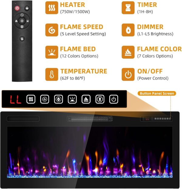 42" Electric Fireplace Recessed Wall Mounted Wide Screen Ultra Narrow Bezel Frame HD Flame Fire Places Heater with Remote Control Adjustable Flame Color - Image 4