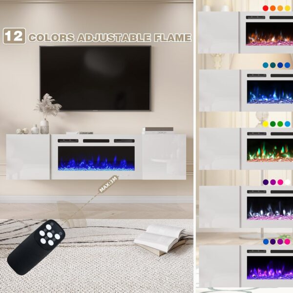 EROMMY 70'' Floating TV Stand with 36'' Electric Fireplace, High Gloss Finish Entertainment Center with 12 Flame Fireplace Insert Heater, Fireplace TV Console for TVs up to 80'' for Living Room, White - Image 4