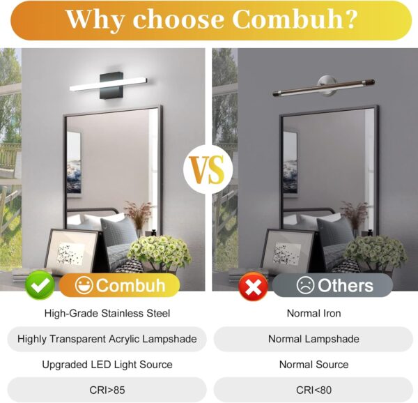 Combuh LED Bathroom Vanity Light Bar 16 Inch 9W Black IP44 Over Mirror Lighting Fixture Wall Sconce Indoor Modern Cool White 6000K - Image 2