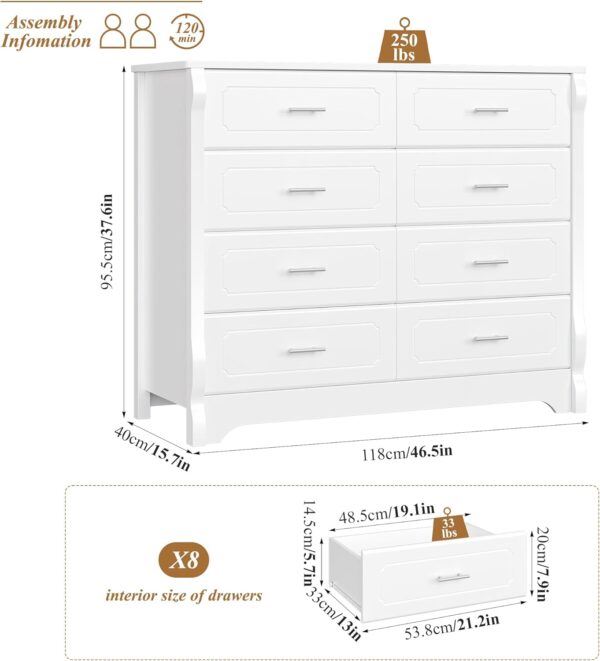 HITHOS 8 Drawer Dresser for Bedroom, White Dresser, 47" Wood Dresser & Chest of Drawers, Modern Double Storage Dresser Cabinet with Deep Drawers | Metal Handles for Living Room, Hallway, Entryway - Image 2
