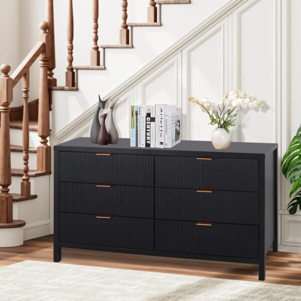 Fluted 6 Drawer Double Dresser for Bedroom, 47" Wide Modern Closet Dressers Chest of Drawers, Wood Storage Dresser Organizer for Nursery Bedroom Living Room Hallway Closet, Black - Image 6