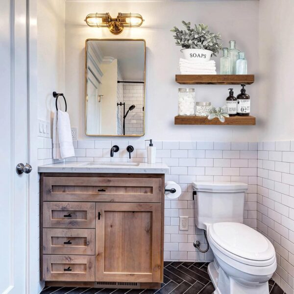 QEEIG Bathroom Floating Shelves for Wall - Shelf Over Toilet Small Wall Mounted Farmhouse Decor 16 inch Set of 2, Rustic Brown (008-40BN) - Image 2