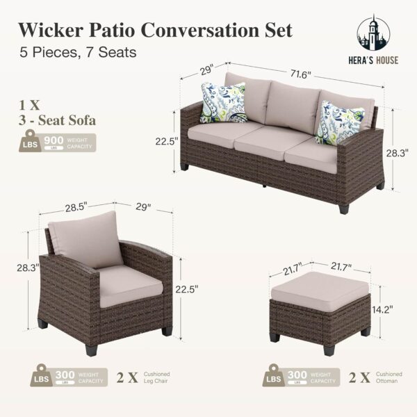 HERA'S HOUSE Patio Furniture Sets, Outdoor Wicker Furniture with Ottomans, 5 Pieces Outdoor Sofa Couch Conversation Set with Cushioned Rattan Chairs for Garden Poolside Backyard, Beige - Image 2