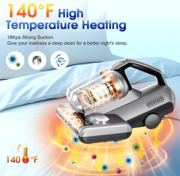 Mattress Vacuum Bed Vacuum Cleaner with 16Kpa Suction 253.7nm UV-C Light, Double-Cup Handheld Vacuums,HEPA Filter& 30000 RPM/Dual Brushroll Rotation & Ultrasonic Tech,Dual Widened Suction Port,Corded - Image 3