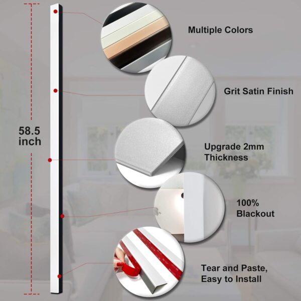 Keego 100% Blackout PVC Light Blocking Strips for Window Shades - Block Light Along The Sides of Blackout Blinds Great for Bedroom Nursery (White, 58.5", 2pcs) - Image 4
