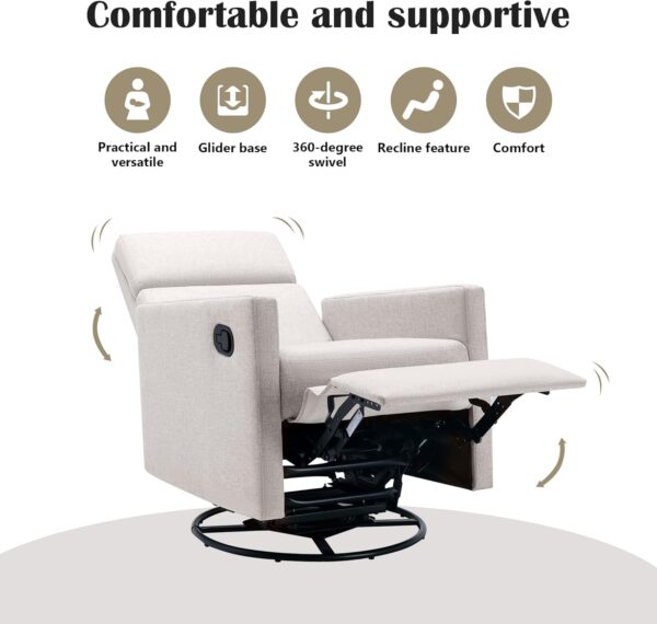 Merax Modern Soft Linen Push Back Rocker Recliner w/Headsupport Adjustable Nursery Glider Chair for Living Room, Bedroom, Set of 1, Tan-Swivel - Image 4