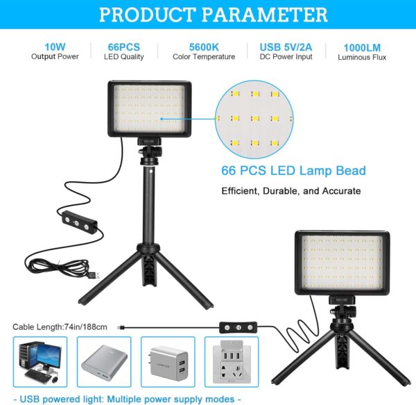 LED Video Light 2-Pack, 5600K Dimmable USB Photo Lights with Mini Tripod and Colored Filters for Photo Studios, Small Angle Shooting, Video Recording, Game Streaming - Image 3