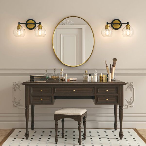 VONLUCE Bathroom Light Fixtures, 2-Light Bathroom Vanity Light with Globe Glass Shades E26 Sockets, Bathroom Lights Over Mirror for Bedroom Hallway Living Room, Black & Gold Finish - Image 7
