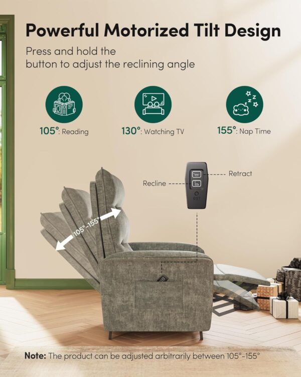 FEZIBO Power Recliner, Adjustable Recliner Sofas for Living Room, Maximum Weight Capacity 330 lbs, Power Sofa with Side Pockets, Power Small Recliner for Living Room and Bedroom, Greyish Green - Image 6
