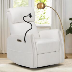 COLAMY Power Swivel Glider Recliner Chair, Nursery Rocking Chair, Living Room Chair, 270° Swivel 145° Recliner Chair with Built-in Charging Ports for Living Room, Apartment, Home, White