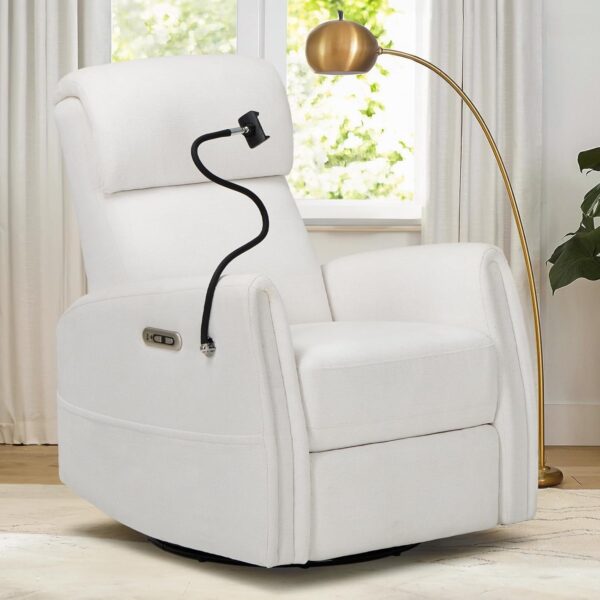 COLAMY Power Swivel Glider Recliner Chair, Nursery Rocking Chair, Living Room Chair, 270° Swivel 145° Recliner Chair with Built-in Charging Ports for Living Room, Apartment, Home, White