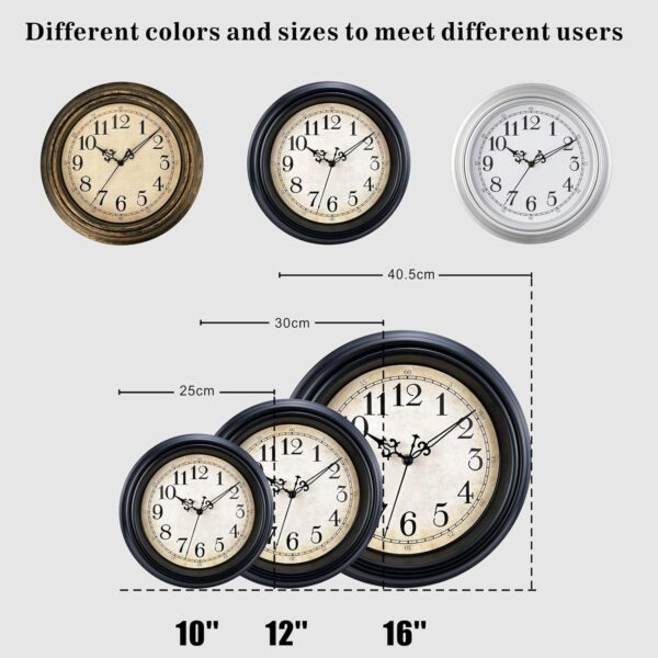 Plumeet Retro Wall Clock, 12'' Non Ticking Classic Silent Vintage Wall Clocks Decorative Kitchen Living Room Bedroom - Battery Operated, Black - Image 7