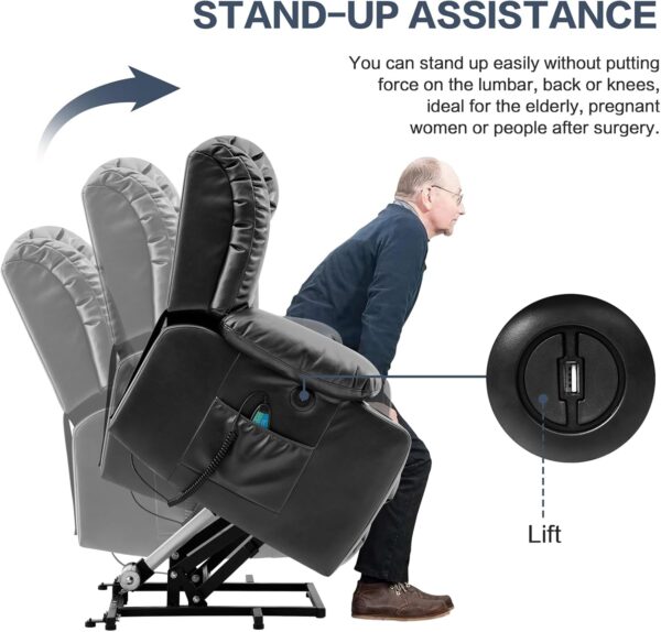 Power Lift Recliner Chair for Elderly, Electric Recliner Chairs for Adults with Massage and Heat, Remote Control, Cup Holders, USB Ports, Side Pockets, Leather (Black) - Image 6