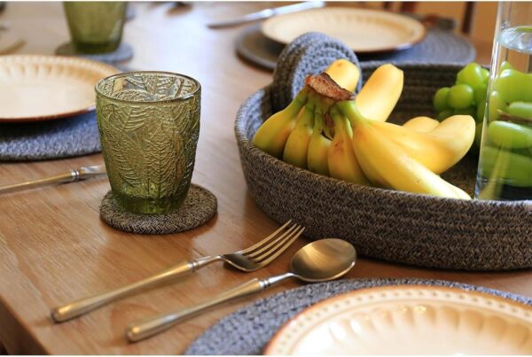 AHHFSMEI Round Woven Placemats Set of 6,13 inches Natural Cotton Blend Farmhouse Hand-Woven Place Mats Braided Rattan Table Mats for Dining Table (Grey) - Image 6