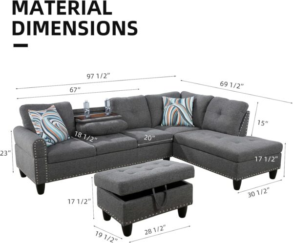 L Shaped Sofa with Ottoman Modern Sectional Couches for Living Room, Bedroom, Office, Grey-Belt Cup Holder - Image 2