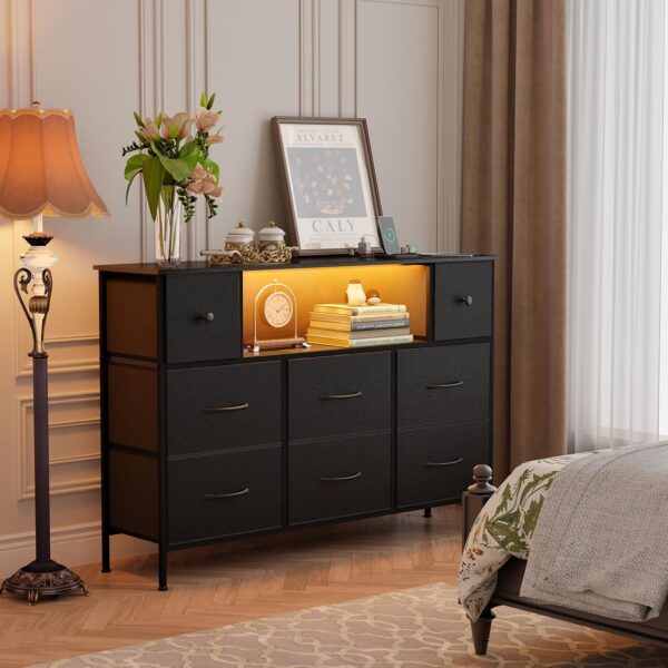 Fixwal Dresser for Bedroom with Power Outlets and LED Lights, Black 55" TV Stand with 8 Drawers, Fabric Chest of Drawers with PU Finish for Living Room, Entryway - Image 2