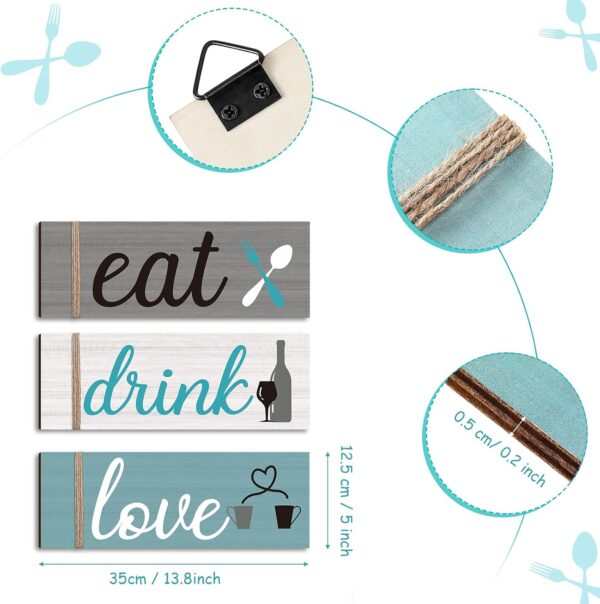Jetec 3 Pcs Farmhouse Kitchen Wall Decor Eat Sign Rustic Wooden Kitchen Sign Wood Home Sign Eat Drink Love Sign with Hanging Hole for Home Kitchen Dining Living Room Bar Cafe Decor (Fresh Color) - Image 2
