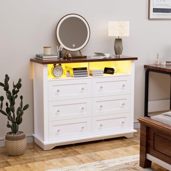 HAIOOU 6 Drawer Dresser for Bedroom White with Power Outlets, LED Double Dressers, Chest of Drawers 47 inch Modern Wooden Storage Organizer with 2 Shelves, Cabinet for Living Room,Hallway - Image 7