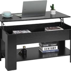 PayLessHere Coffee Table Lift Top Coffee Tables with Hidden Compartment and Storage Shelf Wooden Lift Tabletop Dining Table for Living Room Home (Black, 39" D x 28" W x 24" H)