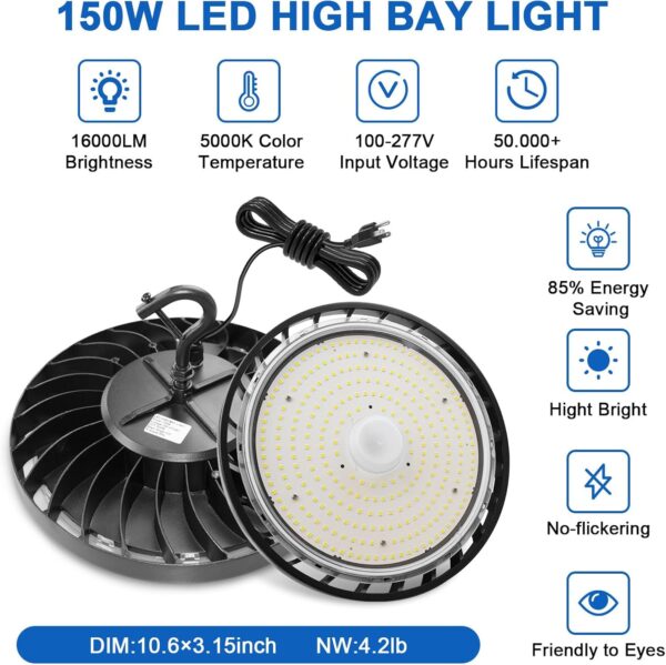 4 Pack LED Shop Lights 150W 24,000LM 5000K Super Bright High Bay Shop Lights with US Cable Plug in for Garage Workshop Warehouse Factory Barn - Image 2