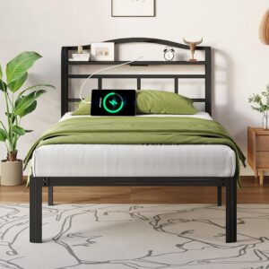 Twin Bed Frame - Twin Bed Frame with Headboard and USB & Type C Charging Station, Heavy Duty Metal Bed Frame No Box Spring Needed with Ample Storage Space - Easy Assembly and Noise Free