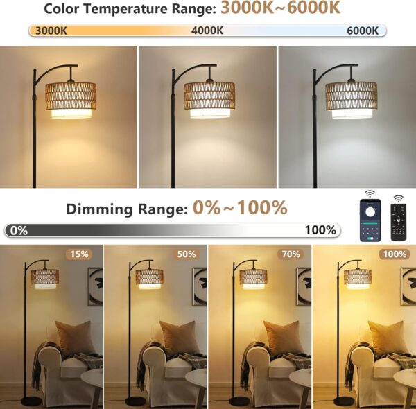 Arc Floor Lamp for Living Room with 3 Color Temperatures, Farmhouse Floor Lamps with Remote & Dimmable Bulb, Boho Standing Lamp with Rattan & Fabric Shades, Adjustable Tall Lamp for Bedroom, Office - Image 2