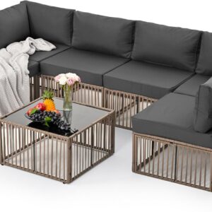 Pamapic 7 Pieces Outdoor Sectional Set, All-Weather PE Rattan Patio Conversation Set, Wicker Adjustable Patio Furniture Set with Washable Cushions Covers and Coffee Table, Brown Rattan, Gray Cushion